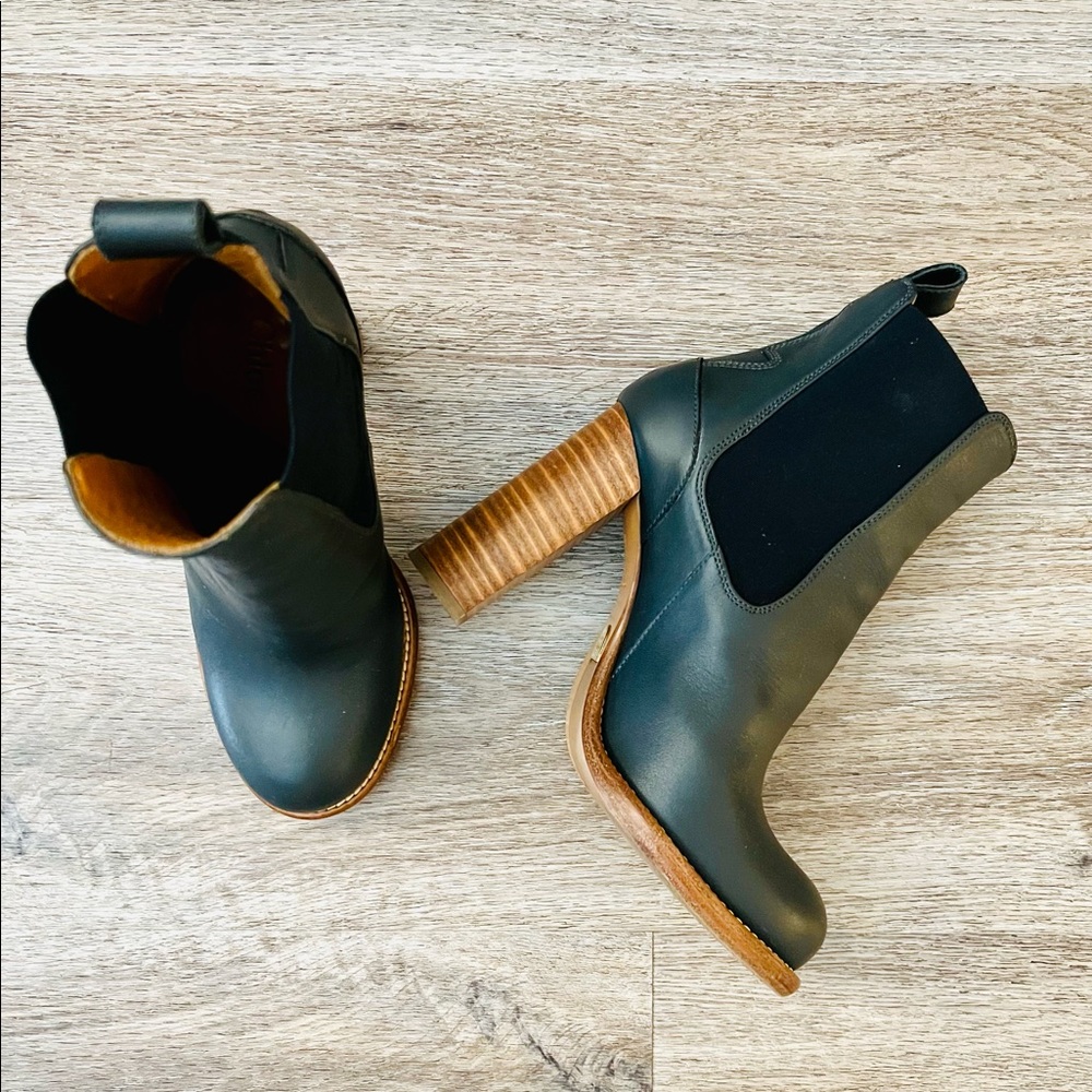 Chloe Navy Blue Stacked Heel Ankle Boot - Size 37